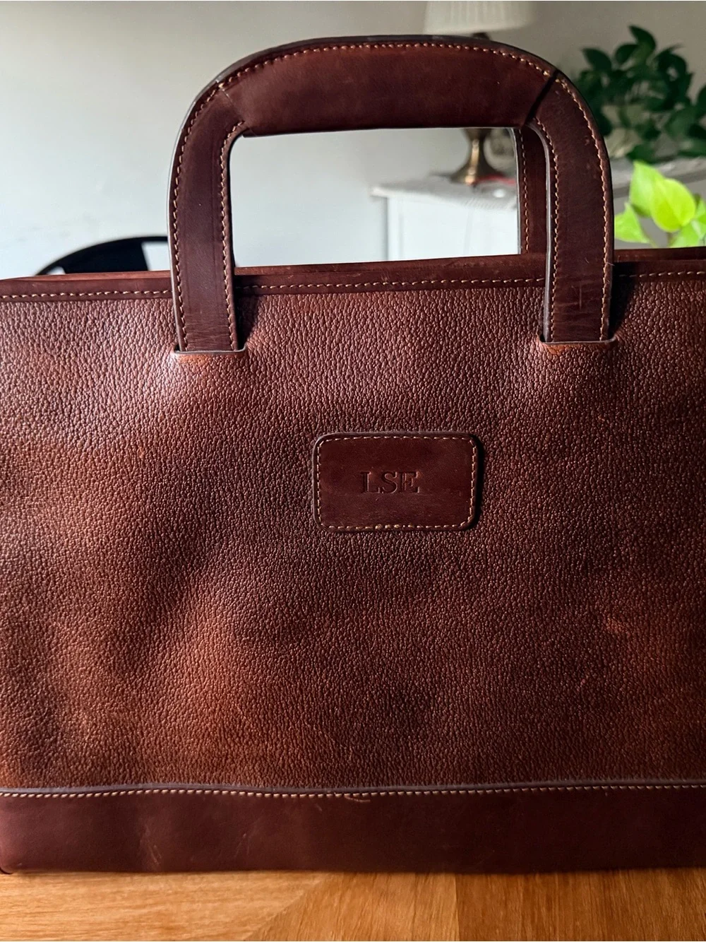 Orvis Rich Chestnut Brown Leather Briefcase with Stitched Oval Logo